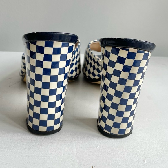 Toga Blue & Cream Checker Print Vinyl Mules Heels - Picture 5 of 9